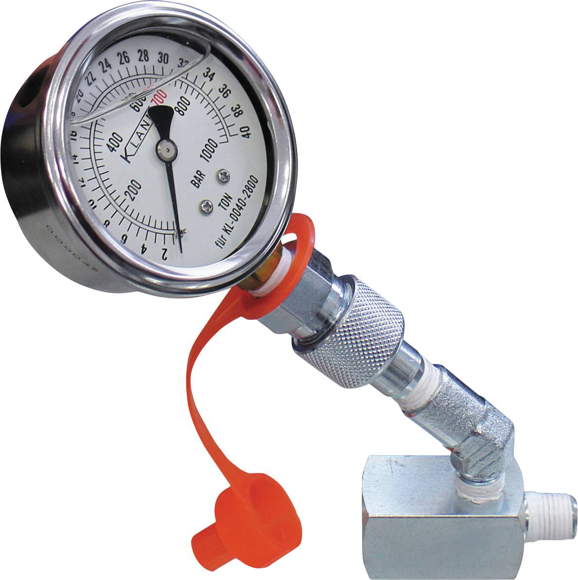 Ein Druckmessgerät zeigt einen Wert von 1000 BAR an und ist mit einem metallischen Rohr verbunden, an dem eine rote Sicherheitskappe angebracht ist.