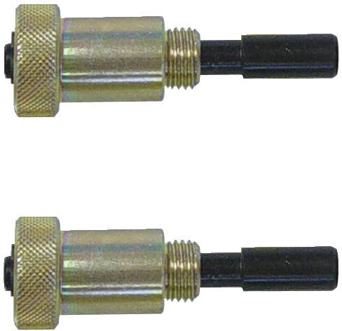 Zwei zylindrische Metallkomponenten mit Gewindeschnitten und schwarzen Kunststoffenden, vertikal ausgerichtet, zeigen verschiedene Perspektiven.