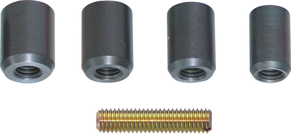 Vier schwarze, zylindrische Abstandshalter mit Innengewinde in einer Reihe über einer einzelnen goldfarbenen Gewindestange angeordnet.