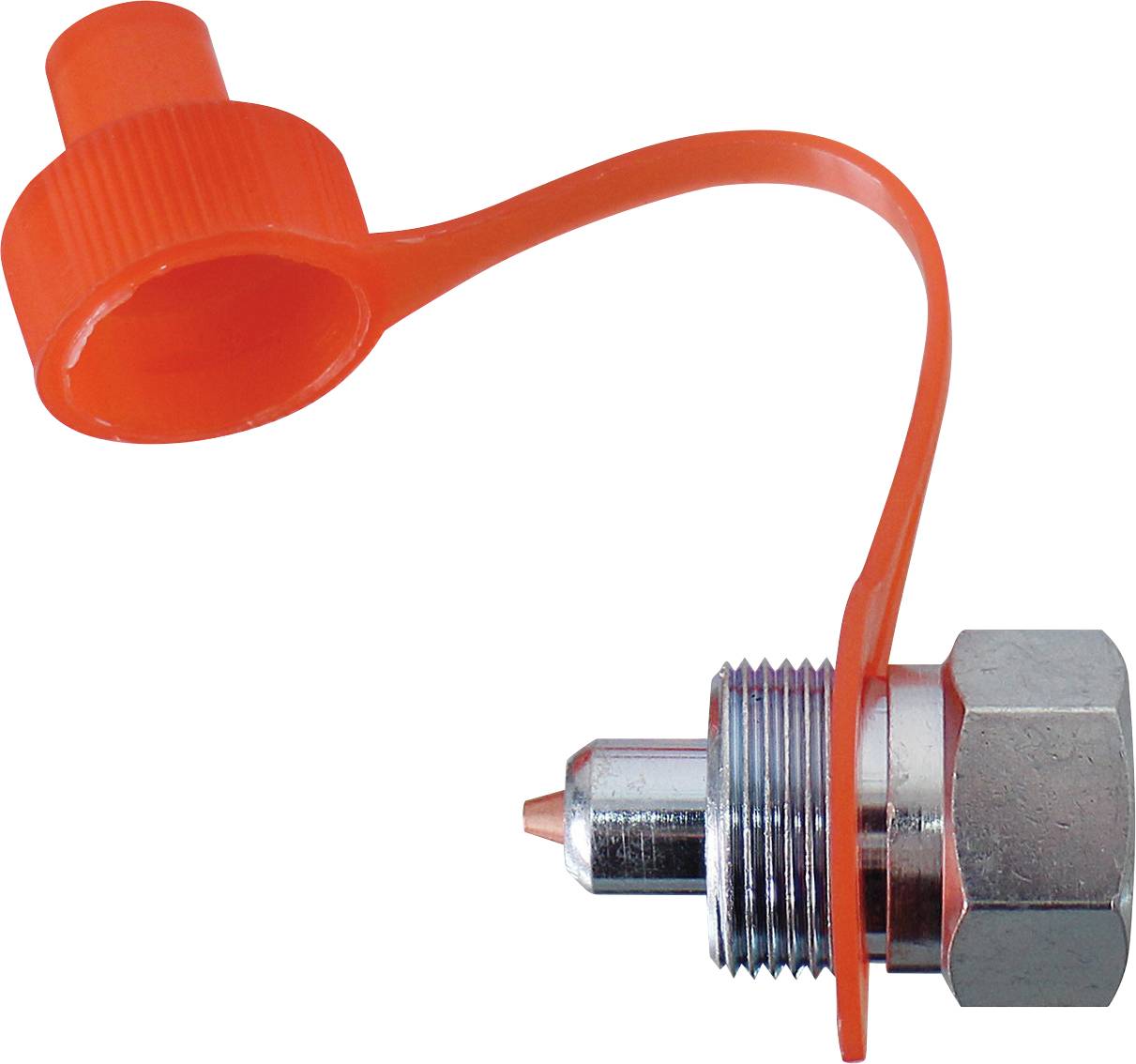 Eine orangefarbene Kunststoffkappe, die an einer metallischen sechskantigen Verschraubung befestigt ist und zum Versiegeln oder Schutz verwendet wird.