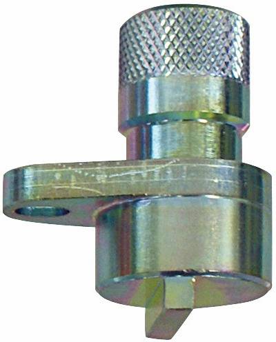 Eine metallische Werkzeugkomponente mit einem zylindrischen gekerbten Griff und einer flachen, abgewinkelten Klinge an der Basis; wird für präzise Einstellungen an Maschinen verwendet.