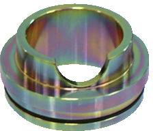 Eine glänzende metallische Komponente mit einer kreisförmigen Basis und einem zentral erhobenen Bereich, die einen großen Ausschnitt auf einer Seite aufweist und sich für technische Anwendungen eignet.