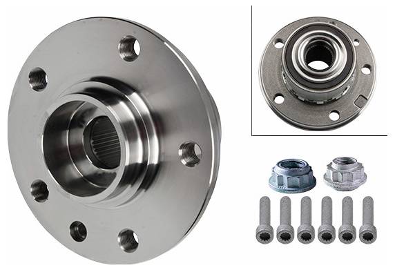 Radnabenmontagesatz mit sechs Bolzen, einer Mutter und einem Lager. Essentiell zum Verbinden des Rades mit der Fahrzugachse.