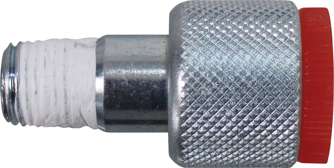 Ein Metall-Schnellkuppler für Luftanschluss mit roter Kappe, verwendet zum Verbinden von Luftkompressoren zum Aufpumpen von Reifen, mit strukturierter Griffoberfläche.