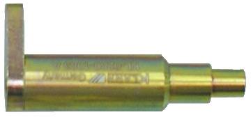 Ein metallischer zylindrischer Gegenstand mit glänzendem Goldfinish, mit Gravuren und einer breiteren Oberseite, die einer Schraube oder einem Befestigungselement ähnelt.