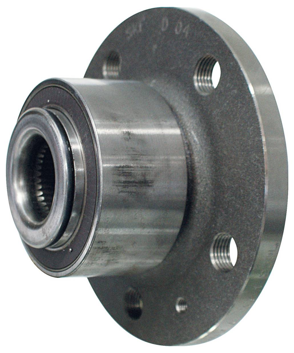 Metallisches Radnabenlager mit kreisförmigem Flansch und mehreren Schraubenlöchern, entwickelt für den Automobilgebrauch, mit polierter Metalloberfläche.