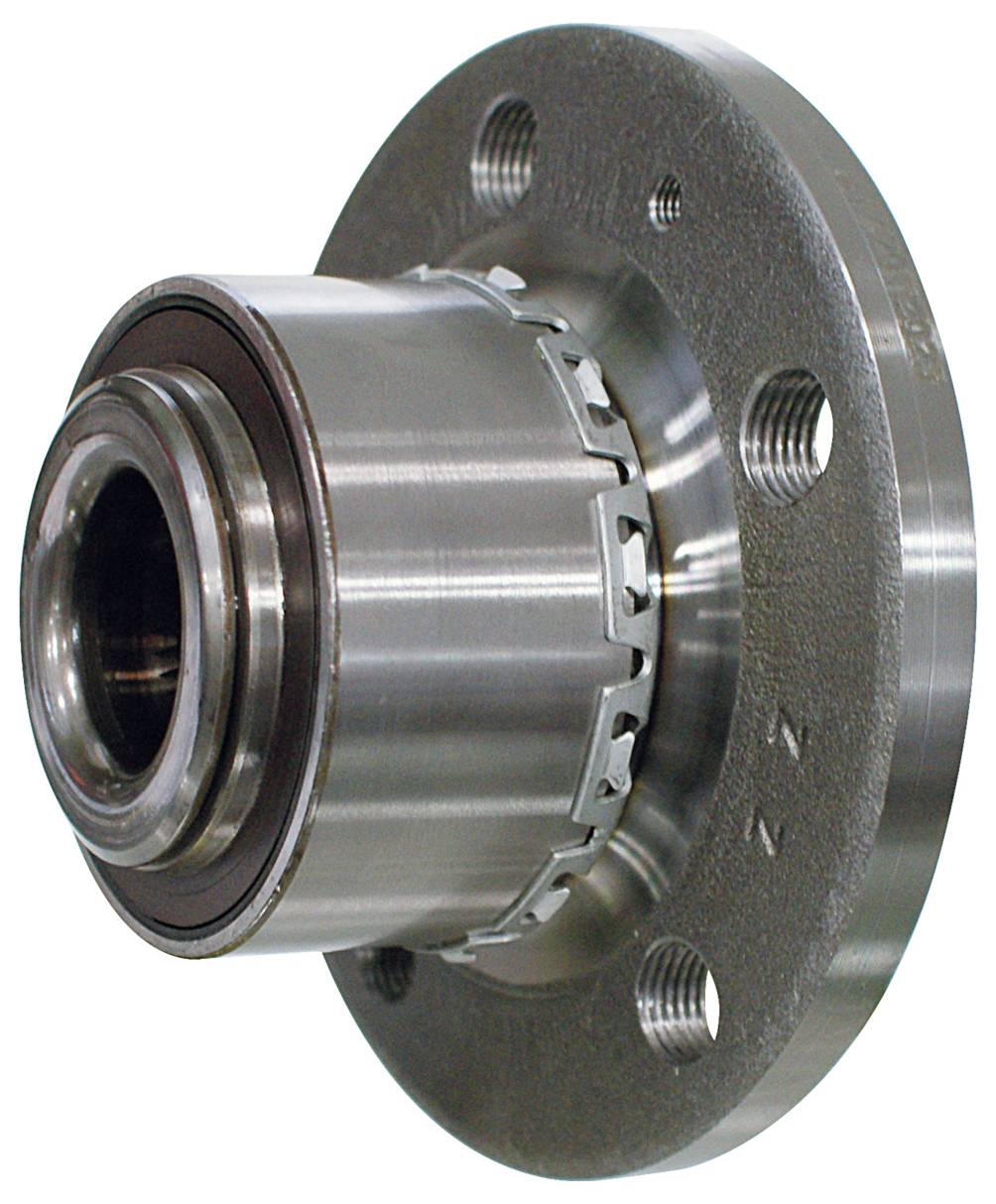 Eine Metallrad-Nabe mit Lagern und Schraubenlöchern, entwickelt zur Verwendung in Fahrzeugachsen.