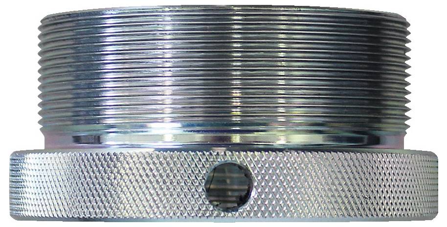 Eine silberne Metallkappe mit geripptem Oberteil und gerillter Basis. Die Kappe verfügt über ein kleines Loch und hat eine zylindrische Form.