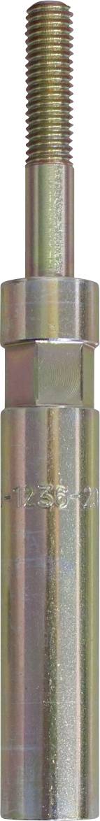 Eine metallische Gewindestange mit einer sechskantigen Mutter in der Mitte, die eine glänzende Oberfläche aufweist.