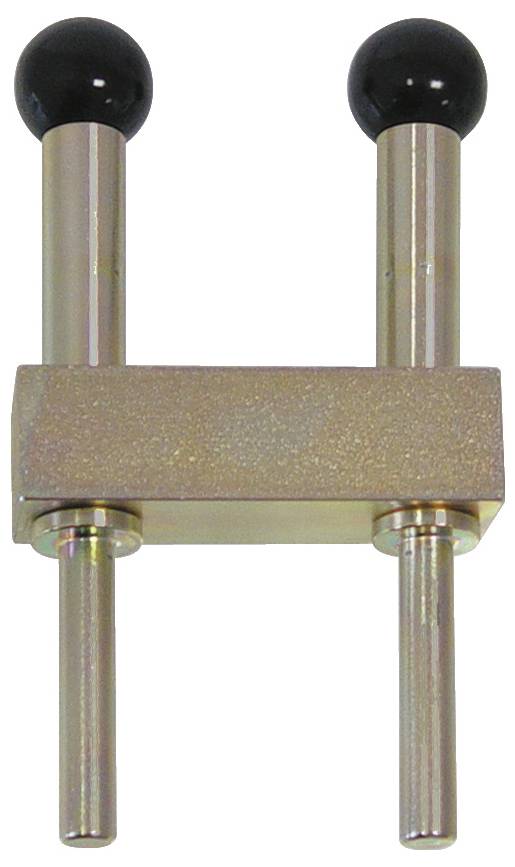 Ein Metallwerkzeug mit zwei vertikalen Stangen und kugelförmigen schwarzen Griffen, das durch einen zentralen rechteckigen Block verbunden ist, wird häufig zum Ausrichten oder Abstandhalten verwendet.