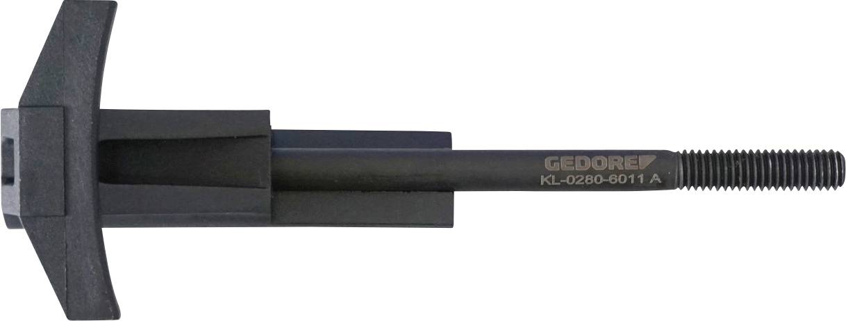 Ein mehrteiliges Werkzeugsatz mit einer langen Gewindestange, einem kreisförmigen Teil mit Innengewinde und einer kleineren zylindrischen Komponente.