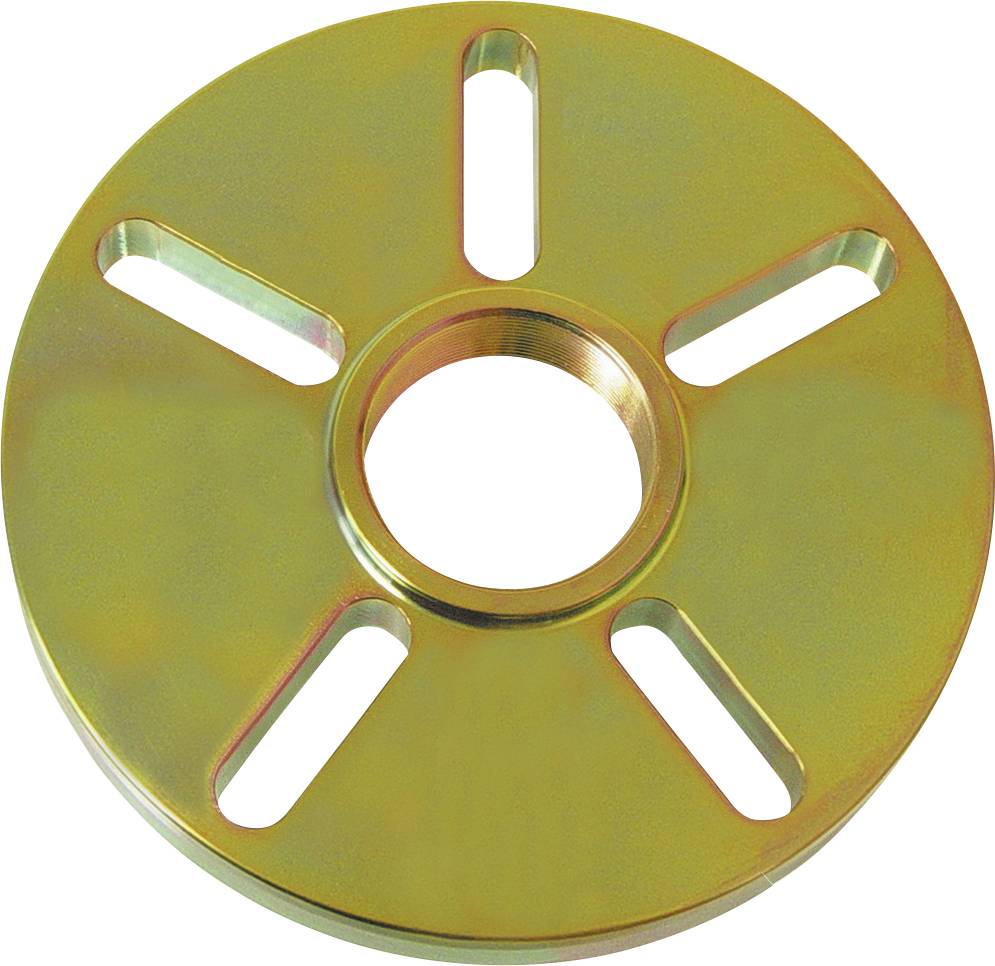 Ein runder, metallischer Lüfterabstandshalter mit fünf gleichmäßig verteilten Schlitzen, konstruiert zum Aufsetzen auf eine Zentralwelle zu Montagezwecken.