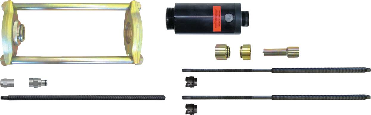 Abzieher-Schlaghammer-Satz mit ausgerichteten Komponenten, einschließlich Stangen, Verbindungsstücken und Aufsätzen, entworfen für mechanische Reparatur- und Wartungsaufgaben.
