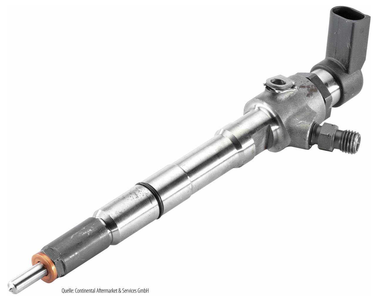 Ein Metallbrennstoffeinspritzer mit silbernem Gehäuse und schwarzen Komponenten, der sein kompliziertes Design und die Düsenspitze zur Schau stellt.