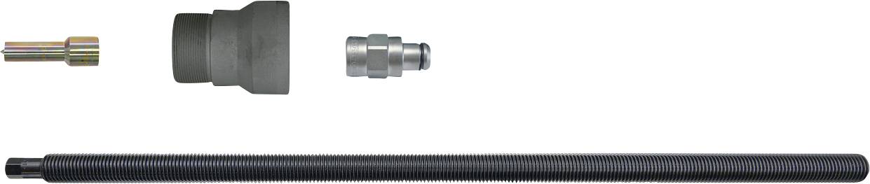 Vier mechanische Komponenten, einschließlich einer langen Gewindestange, eines zylindrischen Adapters, einer sechskantigen Befestigung und eines kleinen zylindrischen Teils, sind horizontal ausgerichtet.