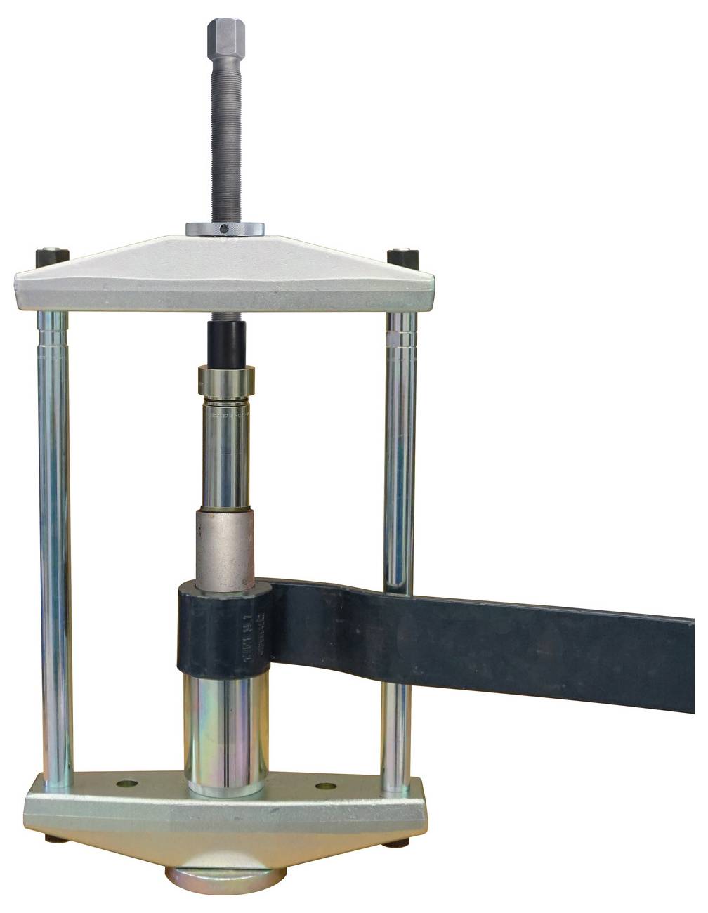 Ein robuster mechanischer Lagerzieher mit Metallrahmen und zentralem Schraubenmechanismus, entwickelt zum Entfernen von Lagern aus Maschinenkomponenten.