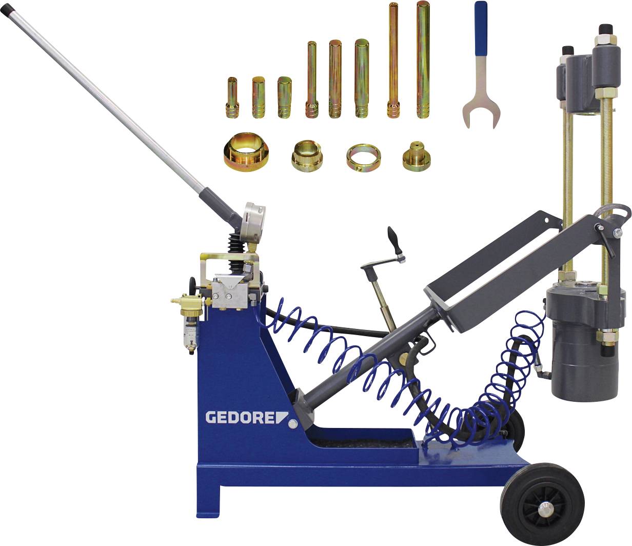 Ein Satz von Automobilwerkzeugen für die Zeitmessung, einschließlich eines Nockenwellensperrwerkzeugs, eines Spannermittlers und verschiedener Bolzen, angeordnet auf weißem Hintergrund.