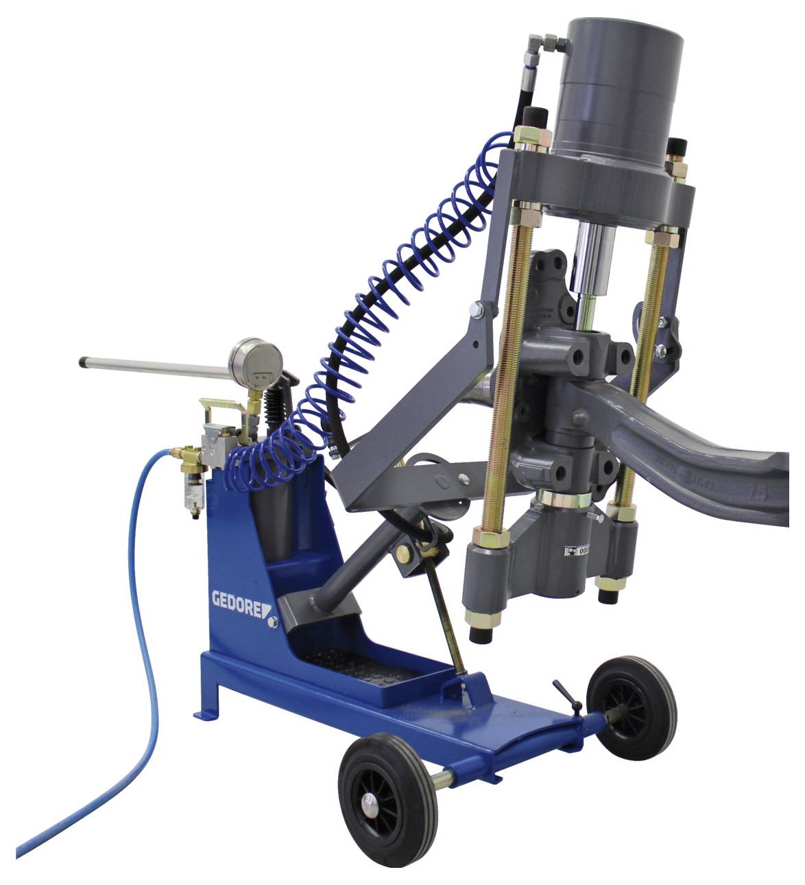 Eine Hydraulikwerkstattpresse mit blauem Rahmen und Rädern, die zum Pressen von Lagern verwendet wird. Ausgestattet mit Druckmesser und Hebel zum Betrieb.