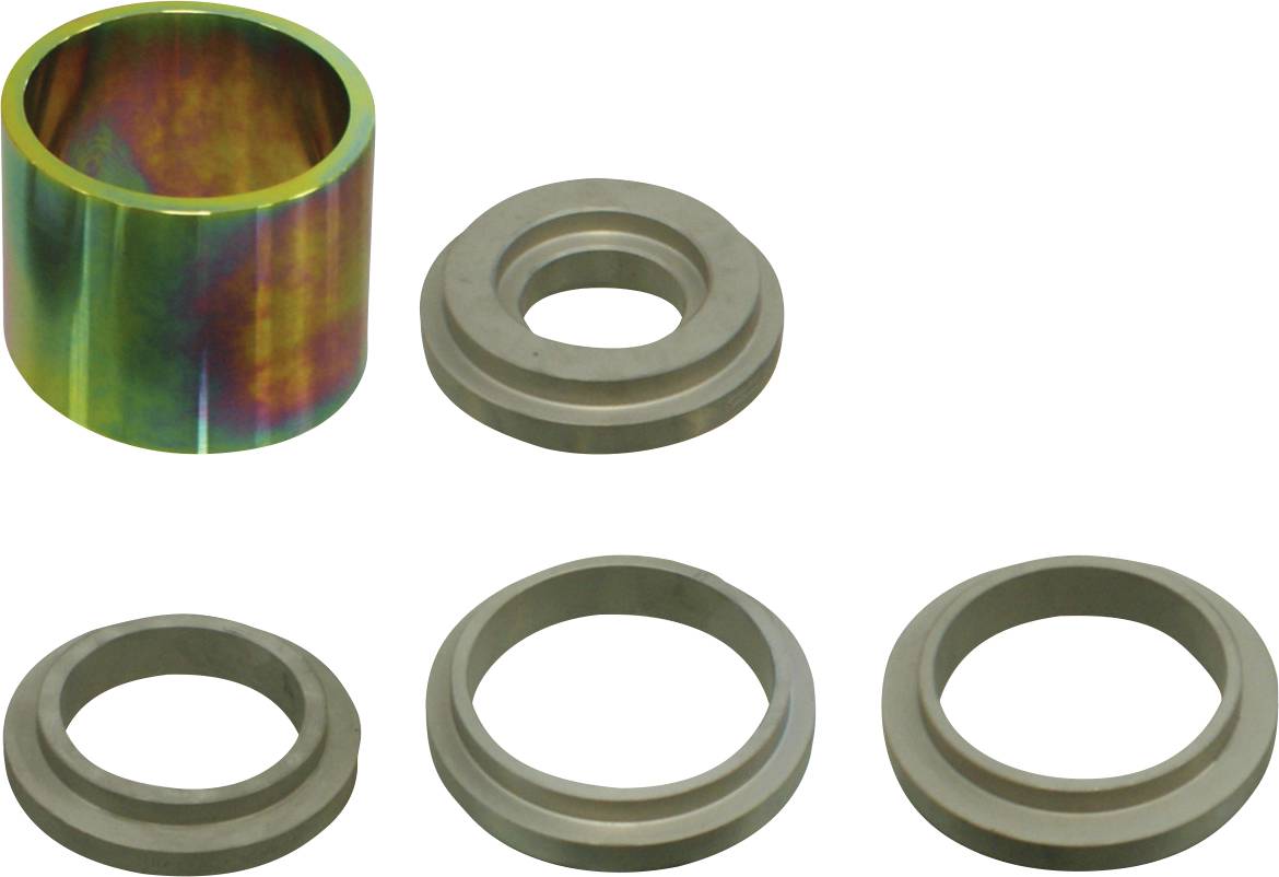 Eine Reihe von fünf Metallabstandshaltern in verschiedenen Größen: einer mehrfarbig und vier grau, angeordnet vor einem schlichten weißen Hintergrund.