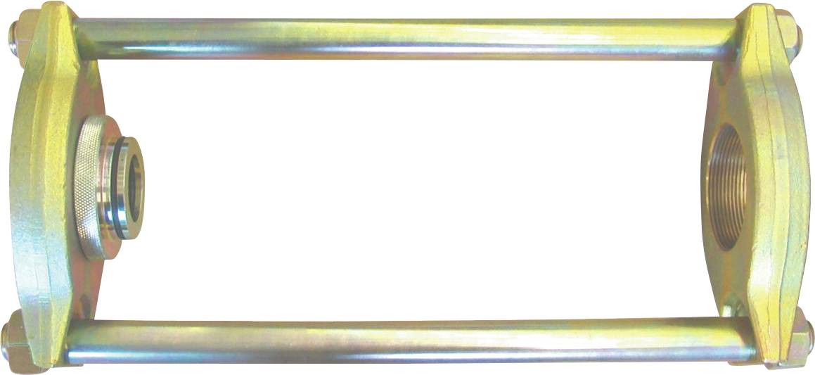 Eine Querschnittsansicht eines gewindelten mechanischen Kopplungsausrichtungswerkzeugs mit Metallstangen und Muttern, das für präzise Montage oder Wartung verwendet wird.