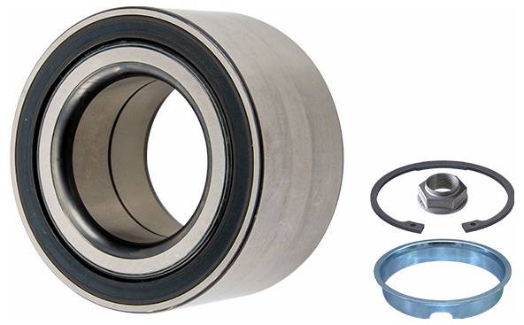 Ein Radlagersatz mit einem zylindrischen Metalllagel, einer schwarzen Gummidichtung, einer metallischen Mutter und einem blauen metallischen Ring auf weißem Hintergrund.