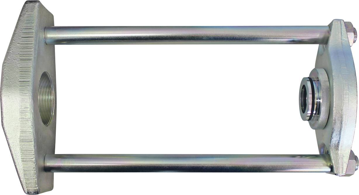 Metallhalterung mit zwei Stäben und sechseckigen Endplatten, von der Seite betrachtet; wird zum Abstützen oder Verbinden von Maschinenteilen verwendet.