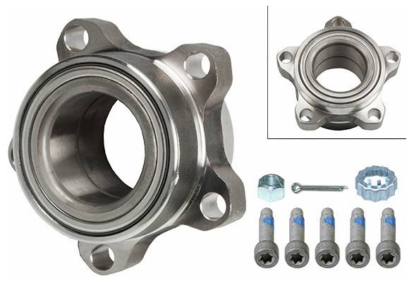 Eine Radnabenbaugruppe mit vier Befestigungsbolzen und einer blaugestreiften Mutter. Die Vergrößerung zeigt einen Nahaufnahme des inneren Bereichs der Nabe.