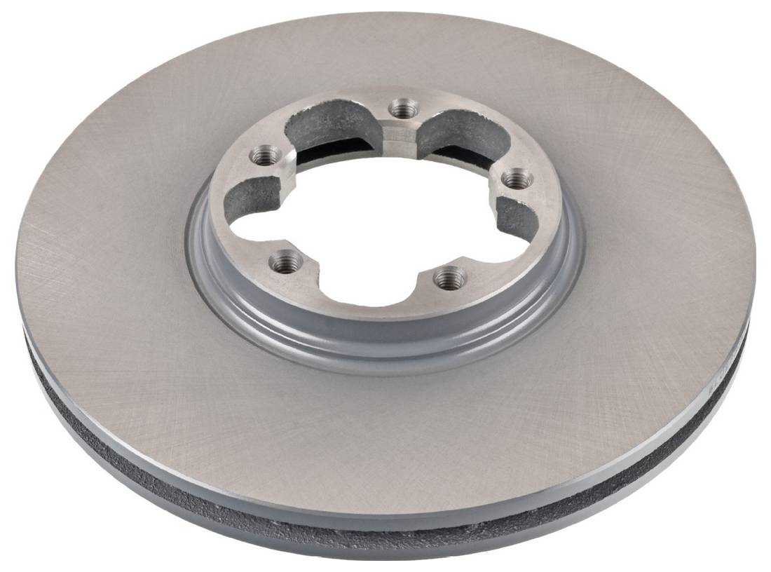 Ein Nahaufnahmebild einer kreisförmigen Autobremsscheibe mit metallischer Oberfläche, die einen zentralen Nabe mit Schraubenlöchern zur Befestigung aufweist.