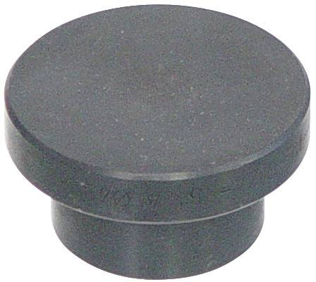 Ein runder, dunkelschwarzer Gummistopfen mit flacher Oberseite, der zum Verschließen oder Blockieren von Öffnungen verwendet wird.