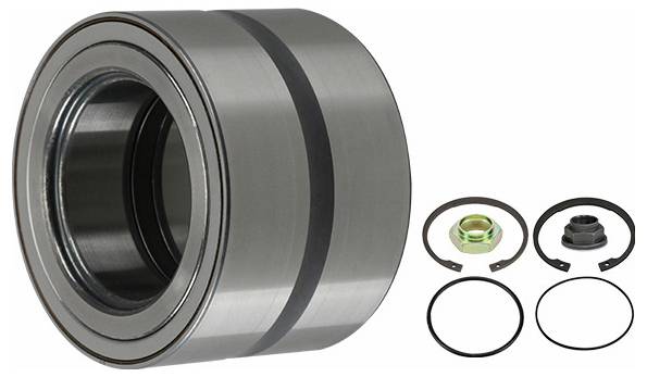Ein Radlagersatz, der ein zylindrisches Metallkugellager und verschiedene kreisförmige Montage- und Befestigungskomponenten zeigt.