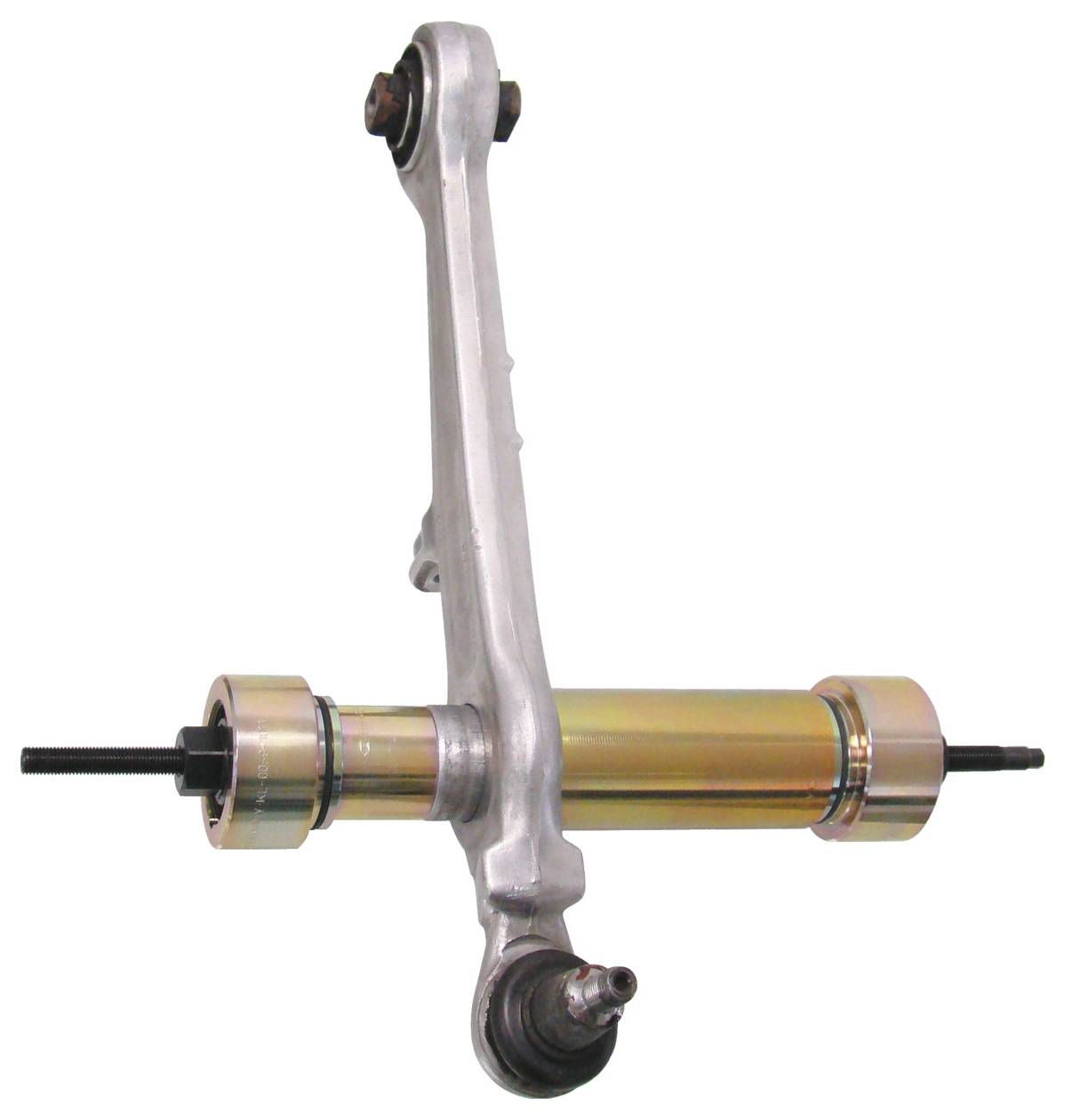 Automotivanwagen-Aufhängungslinkage-Komponente mit metallischer Oberfläche und zylindrischen Gelenkteilen, gezeigt vor einem einfachen Hintergrund.