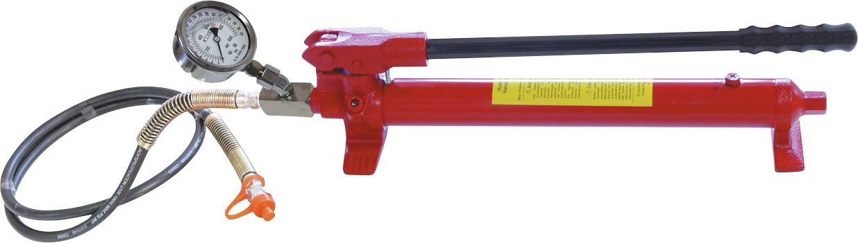 Eine rote hydraulische Handpumpe mit schwarzem Griff, Druckmanometer und angeschlossenem Schlauch. Wird zum manuellen Erzeugen von Hydraulikdruck verwendet.