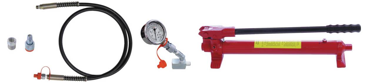 Ein rotes Hydraulikpumpenset mit Manometer, Schlauch und Verbindungszubehör, das für Druckprüfungen oder Hydraulikanwendungen verwendet wird.