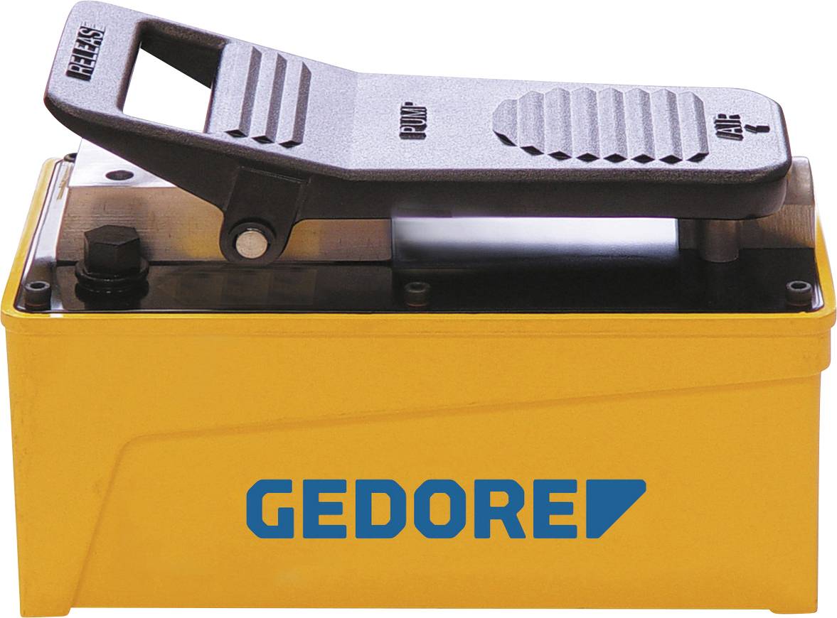 Gelb angestrichene Hydraulikfußpumpe der Marke 'Gedore' mit schwarzem Pedal und metallischen Komponenten.