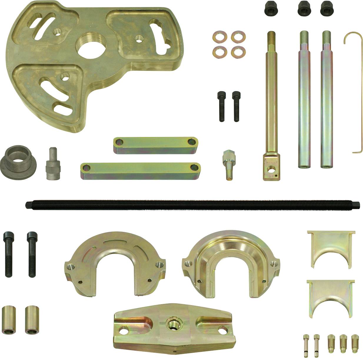 Ein Hydraulikwerkzeug mit einem zylindrischen Design und rotem Ventil wird mit fünf austauschbaren Adaptern gezeigt, die sich jeweils in Größe und Form unterscheiden.