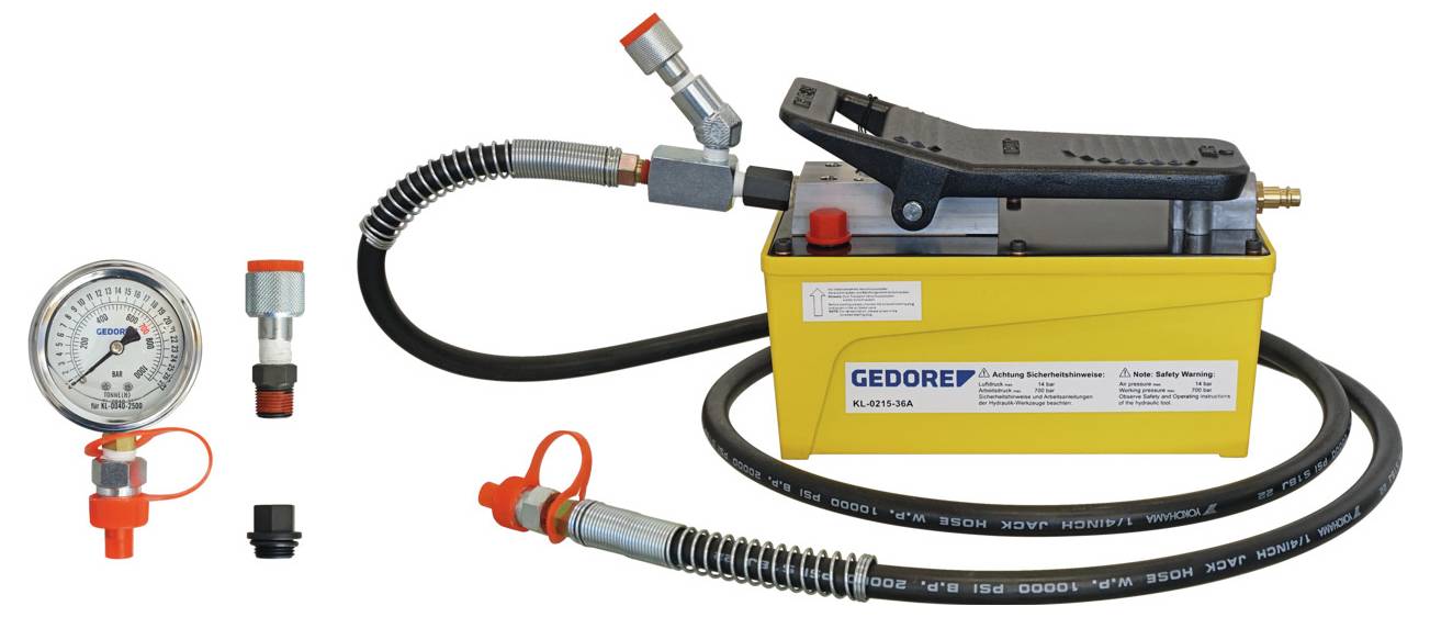 Hochdruckhydraulikpumpe mit Manometer, mehreren Anschlüssen und gelbem Gehäuse mit der Bezeichnung 