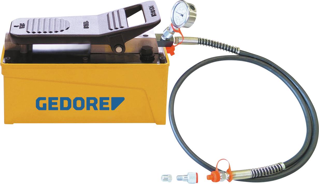 „Gelbe Fußpumpe mit GEDORE-Logo, angebrachtem Schlauch, Druckmanometer und Verbindungsstücken, konzipiert für hydraulische Anwendungen.