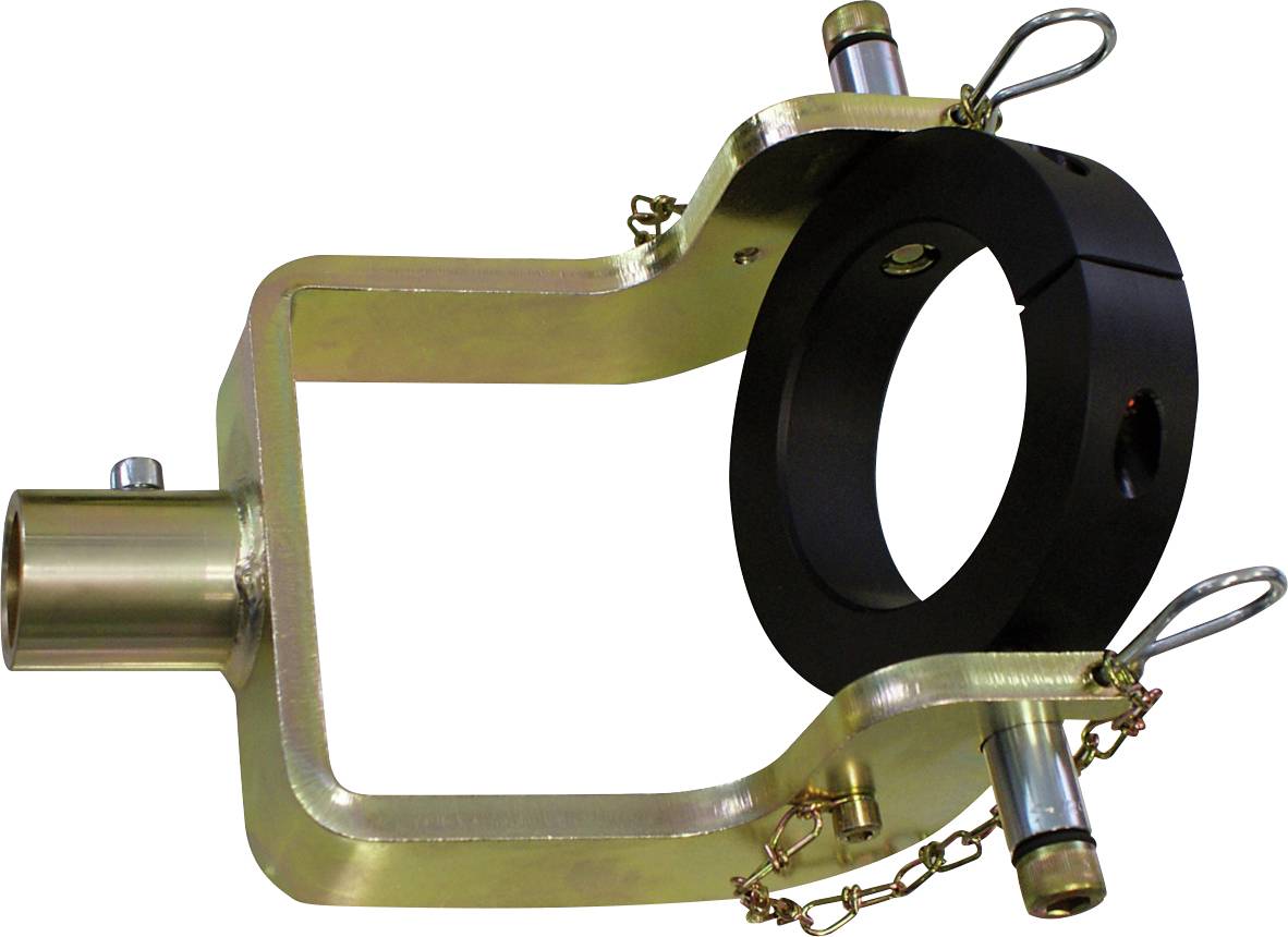 Eine Metallzwinge mit zwei Seitenstiften und einer zentralen schwarzen kreisförmigen Halterung, ausgestattet mit Verriegelungsklemmen und Ketten zu Befestigungszwecken.