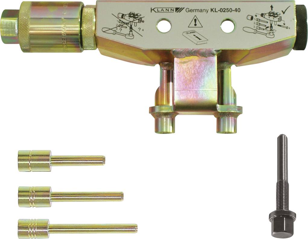 'KLAU Germany KL-0250-40' Werkzeugsatz mit Verbindern und einem Bolzen, verwendet für präzise mechanische Einstellungen und Reparaturen.