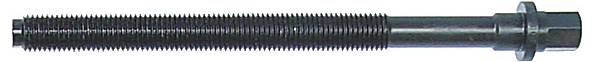 Eine Nahaufnahme eines langen, dunklen, gewindelten Bolzens mit sechskantigen Kopf, horizontal vor weißem Hintergrund dargestellt.