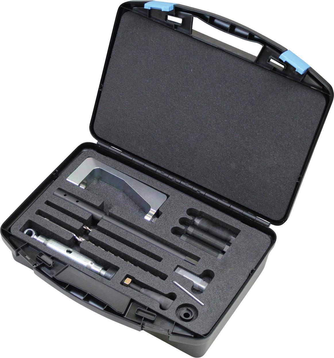Offener schwarzer Transportkoffer mit Schaumstoff-Einlage, der verschiedene Schlossöffnungswerkzeuge hält, einschließlich Spannwerkzeuge und Hakenpickel für den Schlosserdienst.