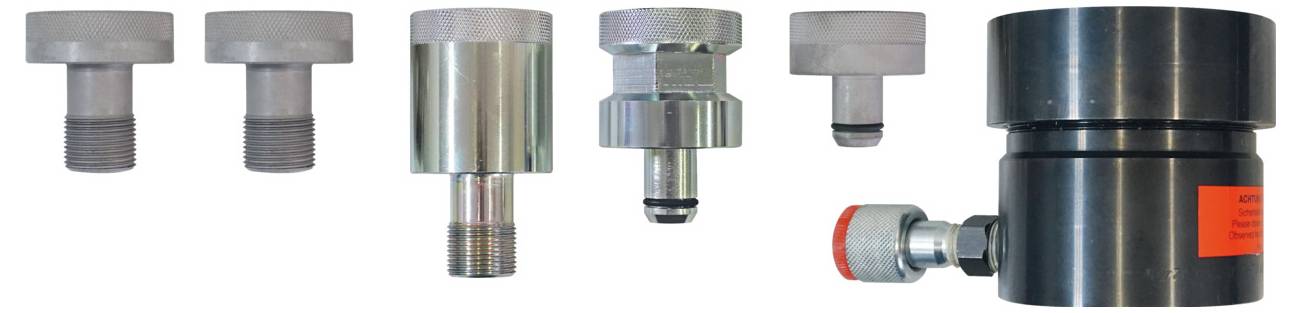 Eine Auswahl von sieben verschiedenen industriellen Metallkomponenten, einschließlich Gewindeschrauben und einer zylindrischen Vorrichtung, auf weißem Hintergrund angezeigt.