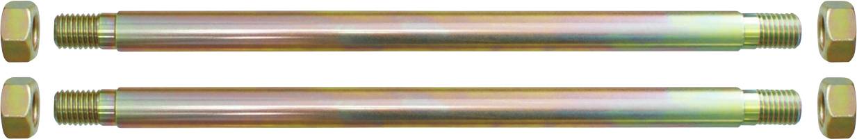 Zwei identische Metallstäbe mit Gewinde an den Enden, jeder mit einer Mutter versehen, parallel zueinander angeordnet.