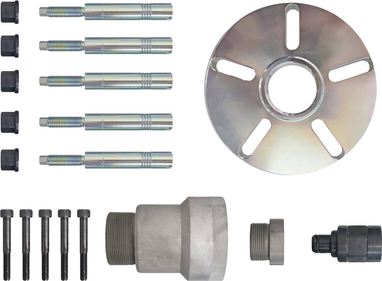 „Foto eines Radnaben-Adapter-Sets, bestehend aus Schrauben, einer kreisförmigen Montageplatte und einem Verbindungsstück mit Gewinde.