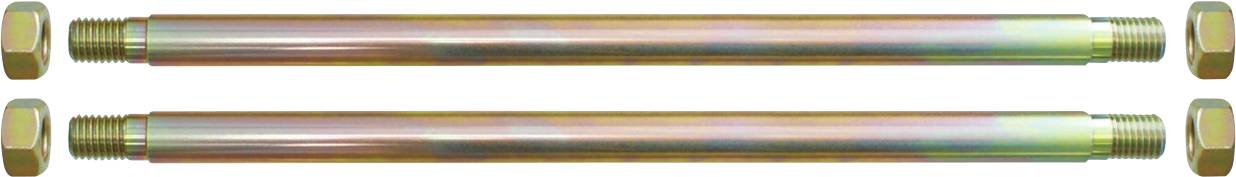 Zwei lange Metallstangen mit Gewinde an den Enden und sechskantigen Muttern, horizontal ausgerichtet und parallel zueinander. Die Stangen haben eine reflektierende, mehrfarbige Oberfläche.