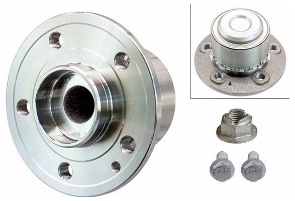 Eine Metallrad-Nabe mit Bolzen und einer Mutter, die Komponenten zeigt, die in Kraftfahrzeug-Radsystemen verwendet werden.