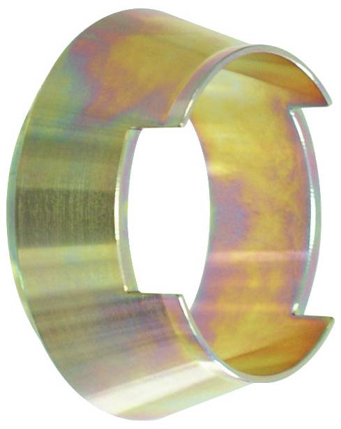 Ein glänzender, metallischer Ring mit einer schillernden Oberfläche, zwei sich gegenüberliegenden Kerben aufweisend, die ein Farbspektrum reflektieren.