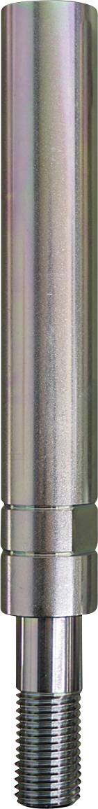 Ein glänzendes Metallzylindergerät mit Gewinde am unteren Ende, wahrscheinlich ein Bohrer oder ein ähnliches Ausrüstungsteil, das Licht reflektiert.