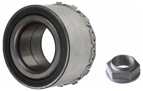 Ein Metallnabenlager mit integrierter Dichtung auf der linken Seite und einer sechskantigen Mutter auf der rechten Seite, verwendet in Automobilanwendungen.