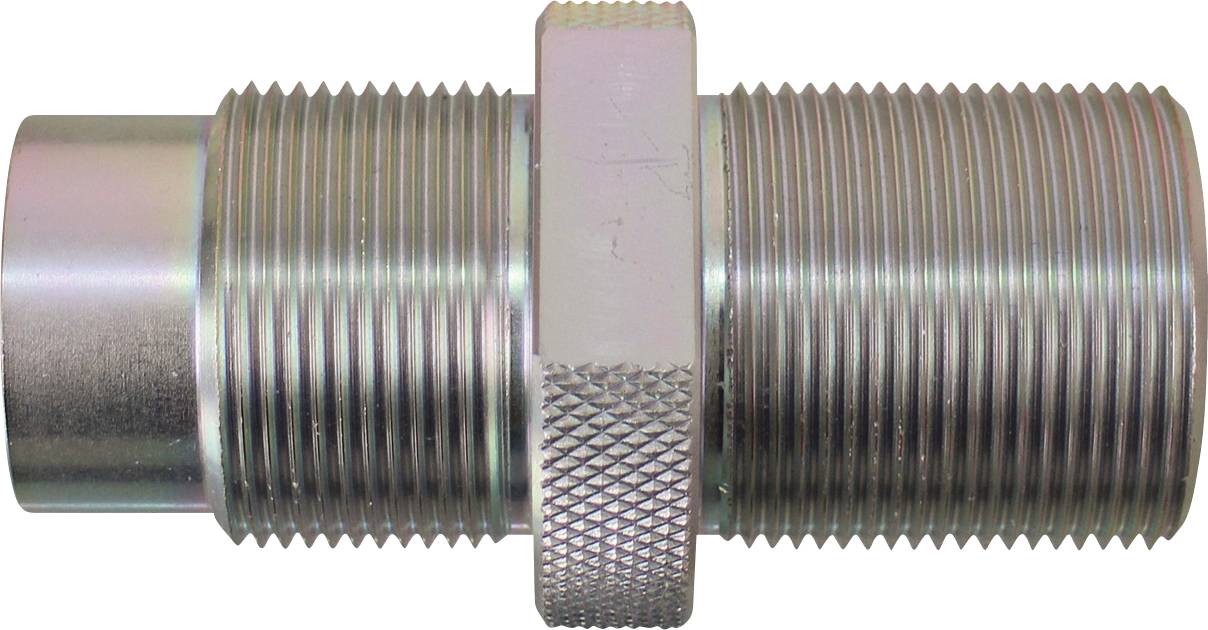 Ein Metallgewindeverbinder mit sechskantigen Flächen zum Anziehen, verwendet für Rohrleitungsverbindungen in Sanitäranwendungen.